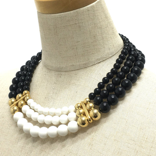 GIVENCHY Necklace Gold Plated Black x white 3 stations Ball necklace Women Used Authentic