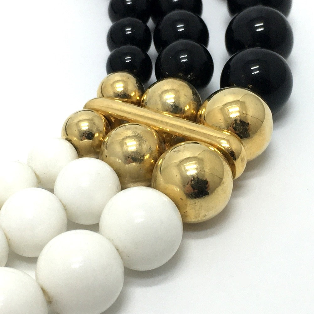 GIVENCHY Necklace Gold Plated Black x white 3 stations Ball necklace Women Used Authentic
