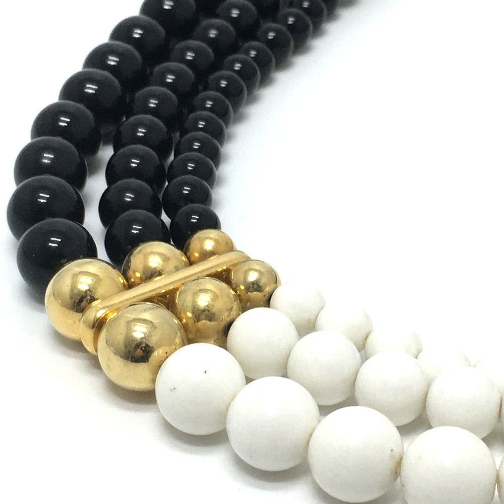 GIVENCHY Necklace Gold Plated Black x white 3 stations Ball necklace Women Used Authentic