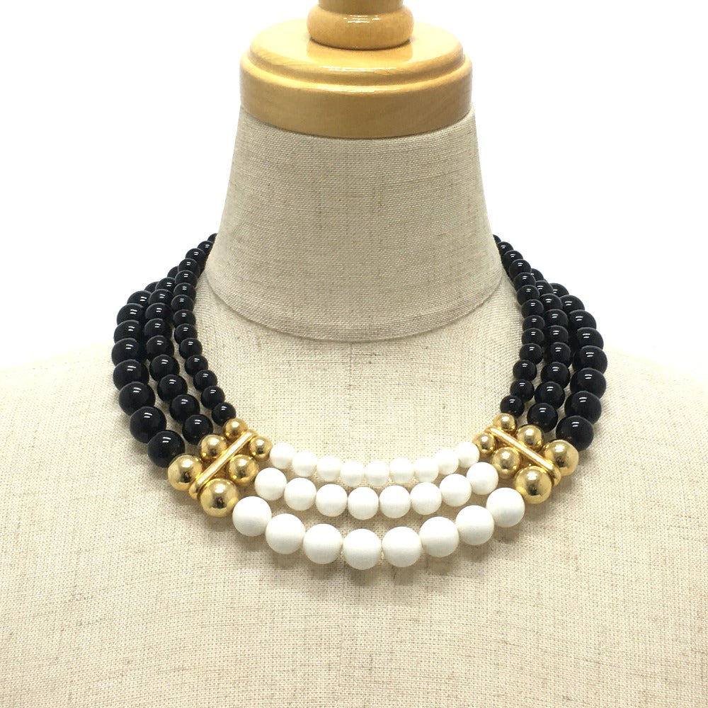 GIVENCHY Necklace Gold Plated Black x white 3 stations Ball necklace Women Used Authentic