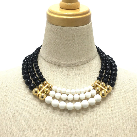 GIVENCHY Necklace Gold Plated Black x white 3 stations Ball necklace Women Used Authentic