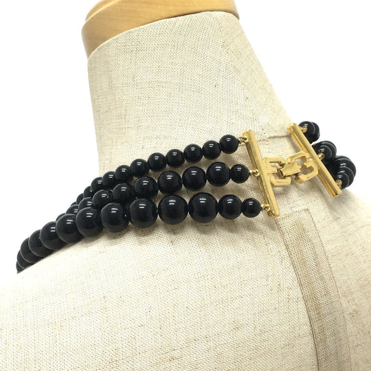 GIVENCHY Necklace Gold Plated Black x white 3 stations Ball necklace Women Used Authentic