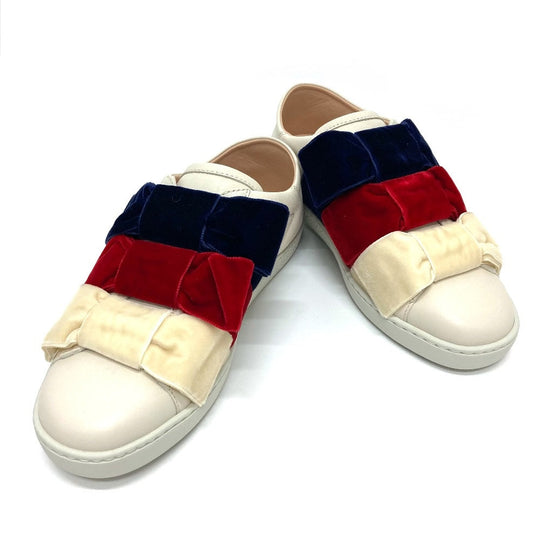 GUCCI sneakers 524989 Leather, Velour White x red x blue ribbon Bee bee Women 34 Used Authentic