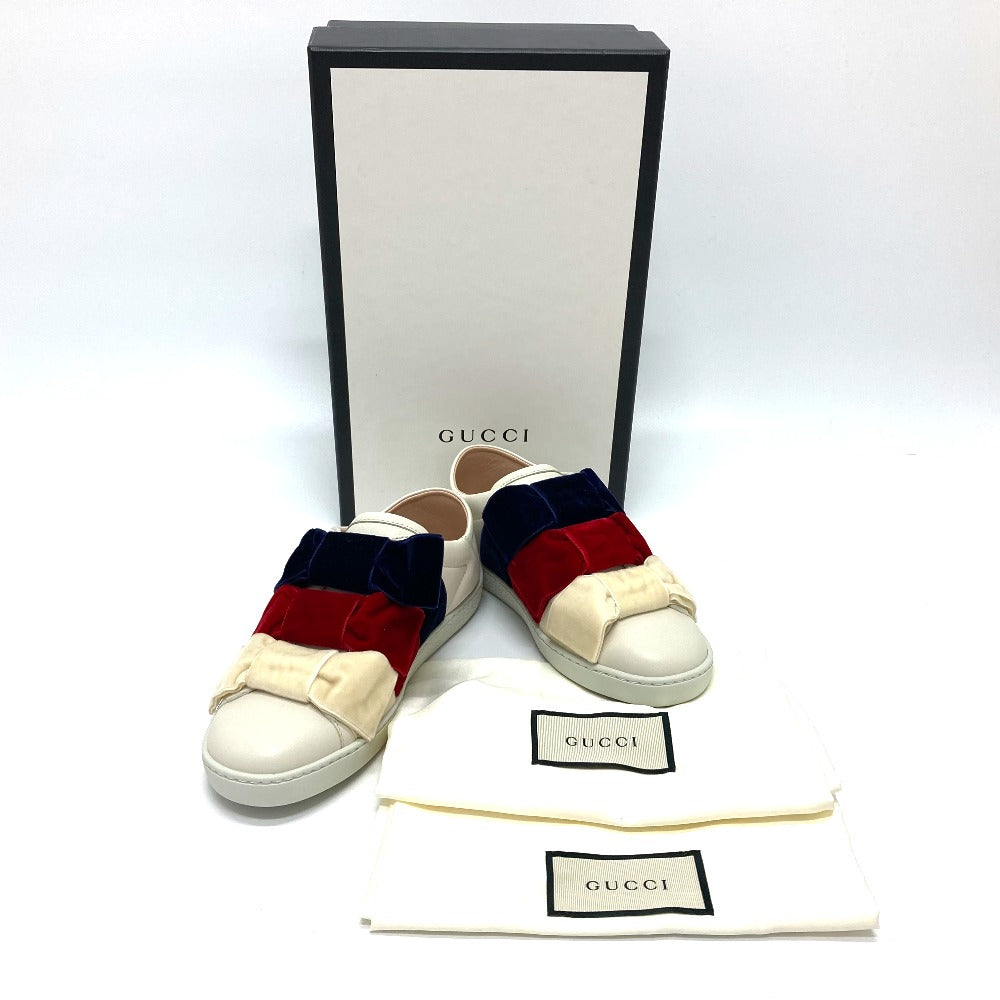 GUCCI sneakers 524989 Leather, Velour White x red x blue ribbon Bee bee Women 34 Used Authentic