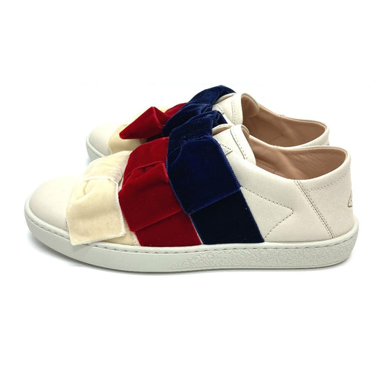 GUCCI sneakers 524989 Leather, Velour White x red x blue ribbon Bee bee Women 34 Used Authentic