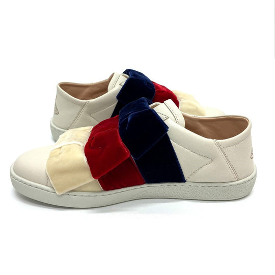 GUCCI sneakers 524989 Leather, Velour White x red x blue ribbon Bee bee Women 34 Used Authentic