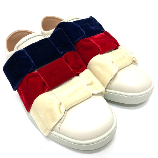 GUCCI sneakers 524989 Leather, Velour White x red x blue ribbon Bee bee Women 34 Used Authentic