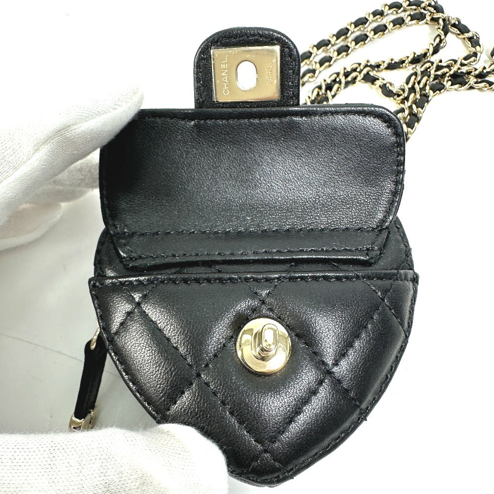 CHANEL Wallet Chain AP2783 Lambskin, Leather black Coin case Necklace COCO Mark CC Neck Strap mini heart shape Women Used Authentic