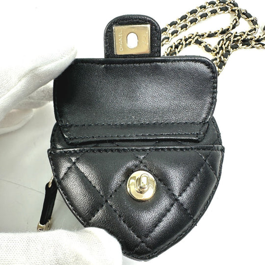 CHANEL Wallet Chain AP2783 Lambskin, Leather black Coin case Necklace COCO Mark CC Neck Strap mini heart shape Women Used Authentic