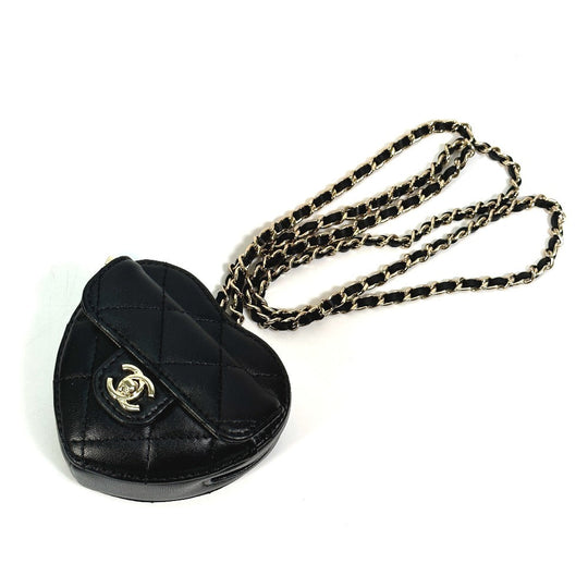 CHANEL Wallet Chain AP2783 Lambskin, Leather black Coin case Necklace COCO Mark CC Neck Strap mini heart shape Women Used Authentic