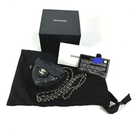CHANEL Wallet Chain AP2783 Lambskin, Leather black Coin case Necklace COCO Mark CC Neck Strap mini heart shape Women Used Authentic