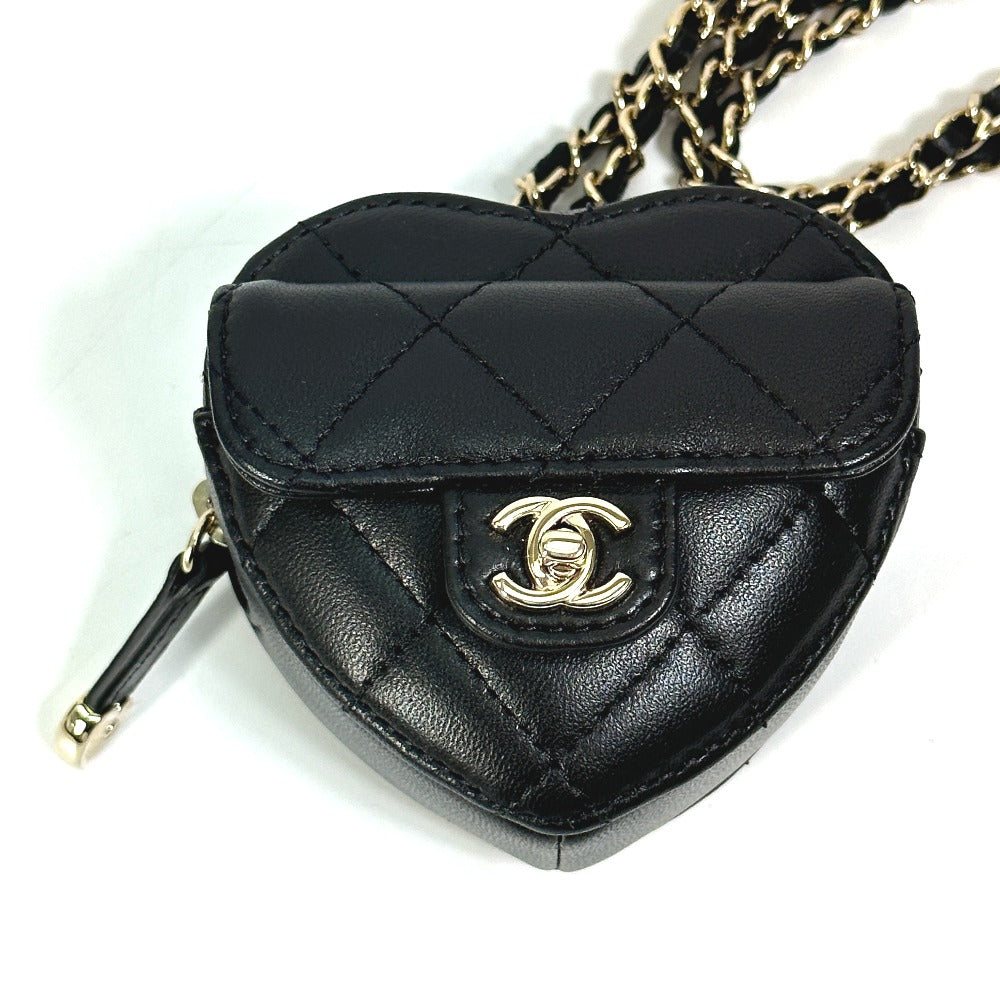 CHANEL Wallet Chain AP2783 Lambskin, Leather black Coin case Necklace COCO Mark CC Neck Strap mini heart shape Women Used Authentic