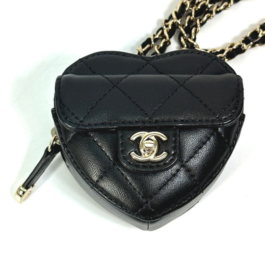 CHANEL Wallet Chain AP2783 Lambskin, Leather black Coin case Necklace COCO Mark CC Neck Strap mini heart shape Women Used Authentic