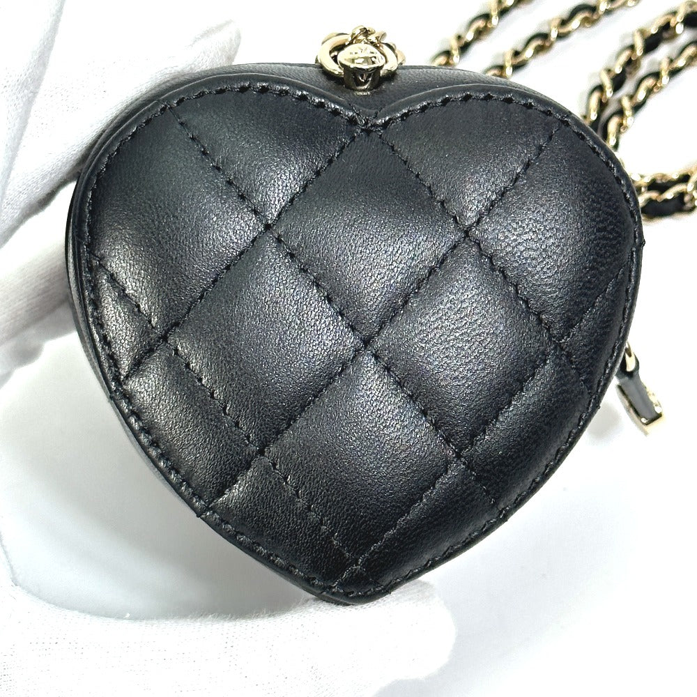 CHANEL Wallet Chain AP2783 Lambskin, Leather black Coin case Necklace COCO Mark CC Neck Strap mini heart shape Women Used Authentic