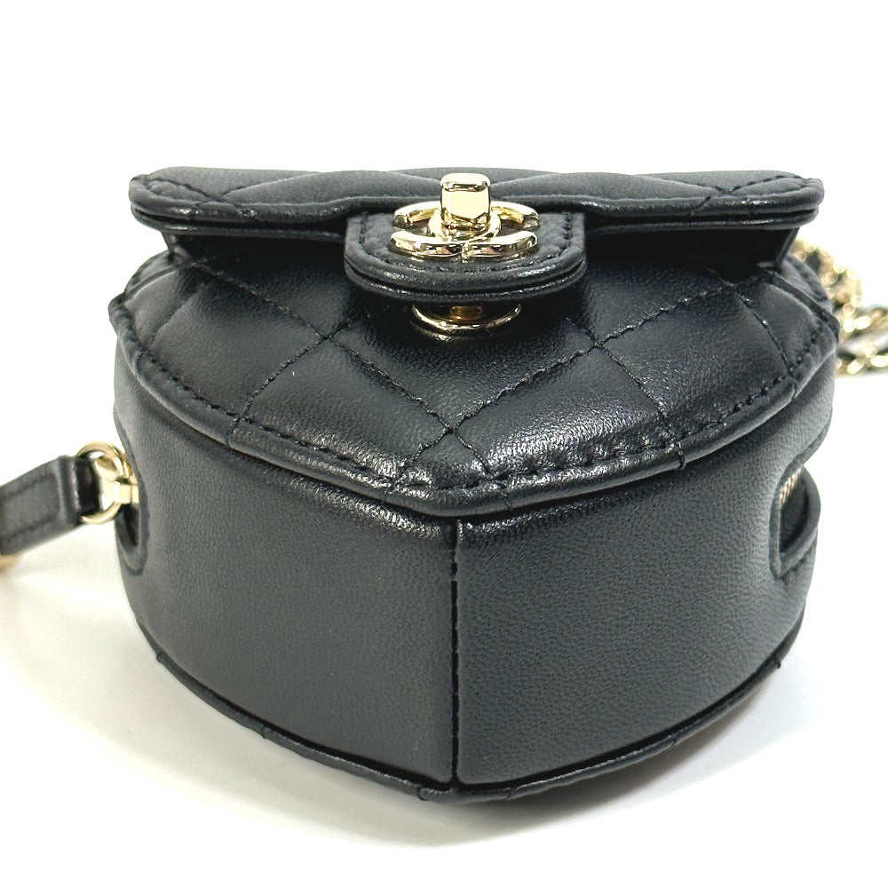 CHANEL Wallet Chain AP2783 Lambskin, Leather black Coin case Necklace COCO Mark CC Neck Strap mini heart shape Women Used Authentic