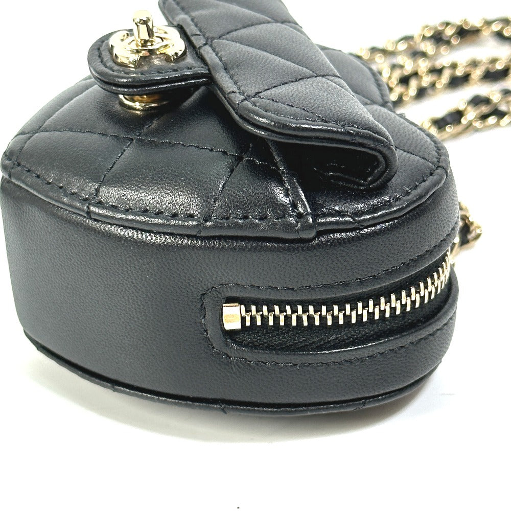 CHANEL Wallet Chain AP2783 Lambskin, Leather black Coin case Necklace COCO Mark CC Neck Strap mini heart shape Women Used Authentic