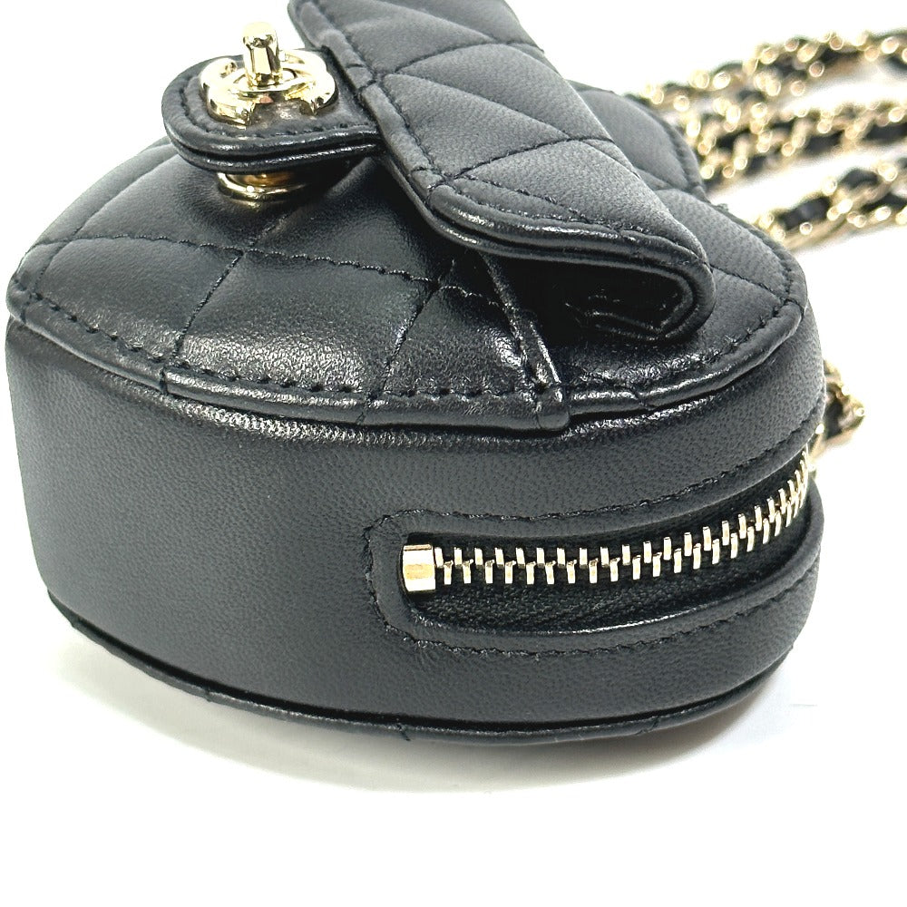 CHANEL Wallet Chain AP2783 Lambskin, Leather black Coin case Necklace COCO Mark CC Neck Strap mini heart shape Women Used Authentic