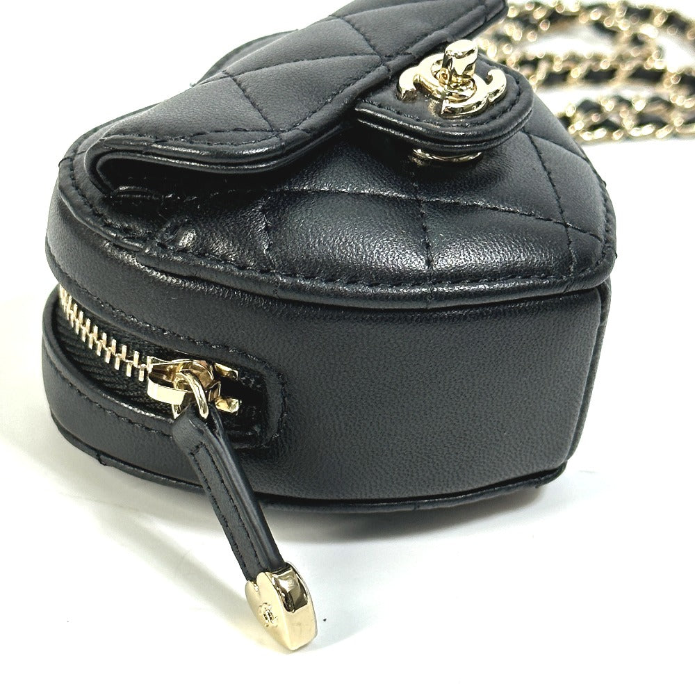 CHANEL Wallet Chain AP2783 Lambskin, Leather black Coin case Necklace COCO Mark CC Neck Strap mini heart shape Women Used Authentic