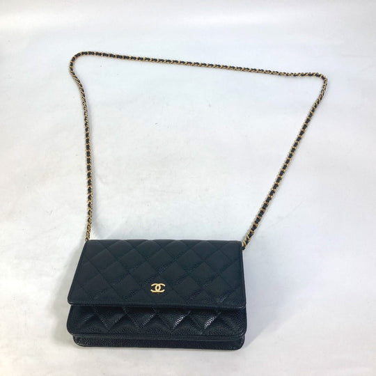 CHANEL Shoulder Bag AP0250 Caviar skin black Long Wallet Purse CC COCO Mark Women Used Authentic