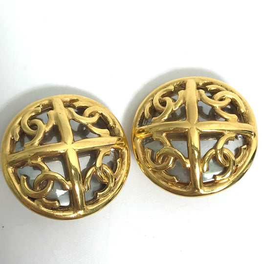 CHANEL Earring metal gold 93P CC COCO Mark 4 Rounds Women Used Authentic