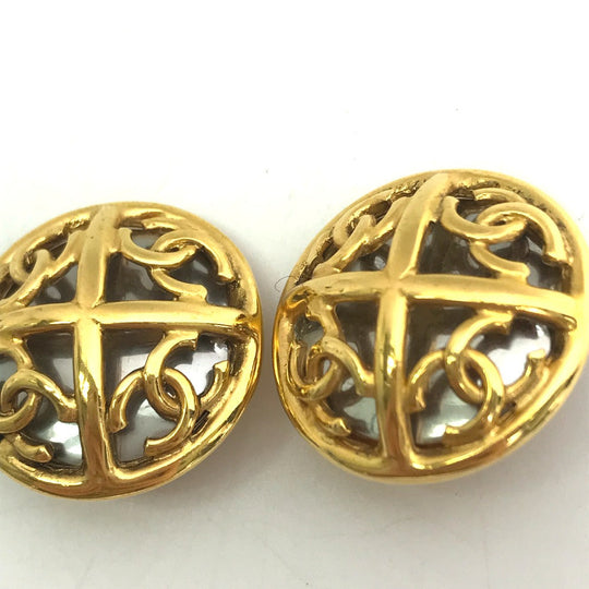 CHANEL Earring metal gold 93P CC COCO Mark 4 Rounds Women Used Authentic