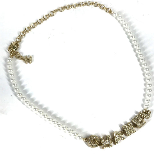 CHANEL Necklace metal gold 20K Fake pearl rhinestone logo Women Used Authentic