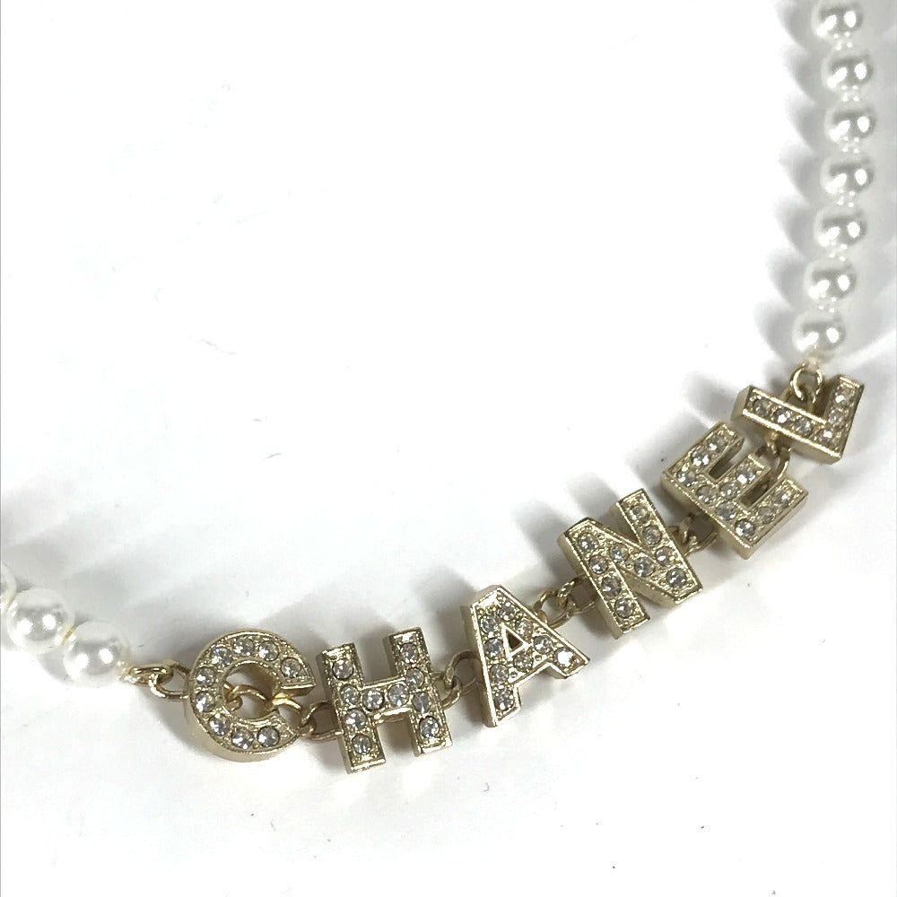 CHANEL Necklace metal gold 20K Fake pearl rhinestone logo Women Used Authentic