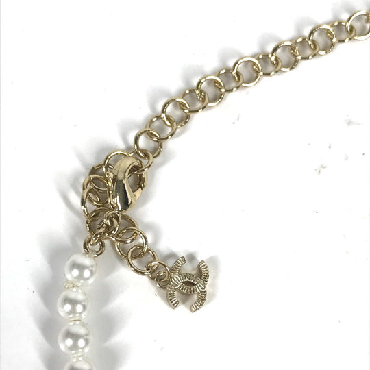 CHANEL Necklace metal gold 20K Fake pearl rhinestone logo Women Used Authentic