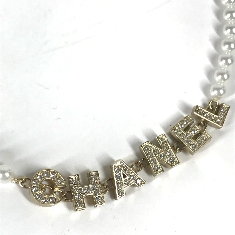 CHANEL Necklace metal gold 20K Fake pearl rhinestone logo Women Used Authentic