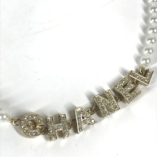 CHANEL Necklace metal gold 20K Fake pearl rhinestone logo Women Used Authentic