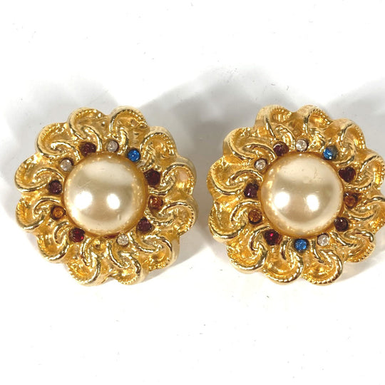 CHANEL Pierce metal gold vintage Flowers Rhinestones Faux Pearls Women Used Authentic