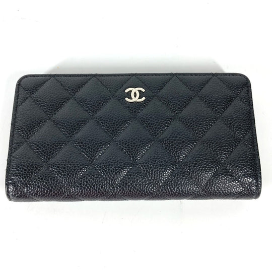 CHANEL Long Wallet Purse Caviar skin black Long wallet CC COCO Mark Matelasse Quilting Women Used Authentic