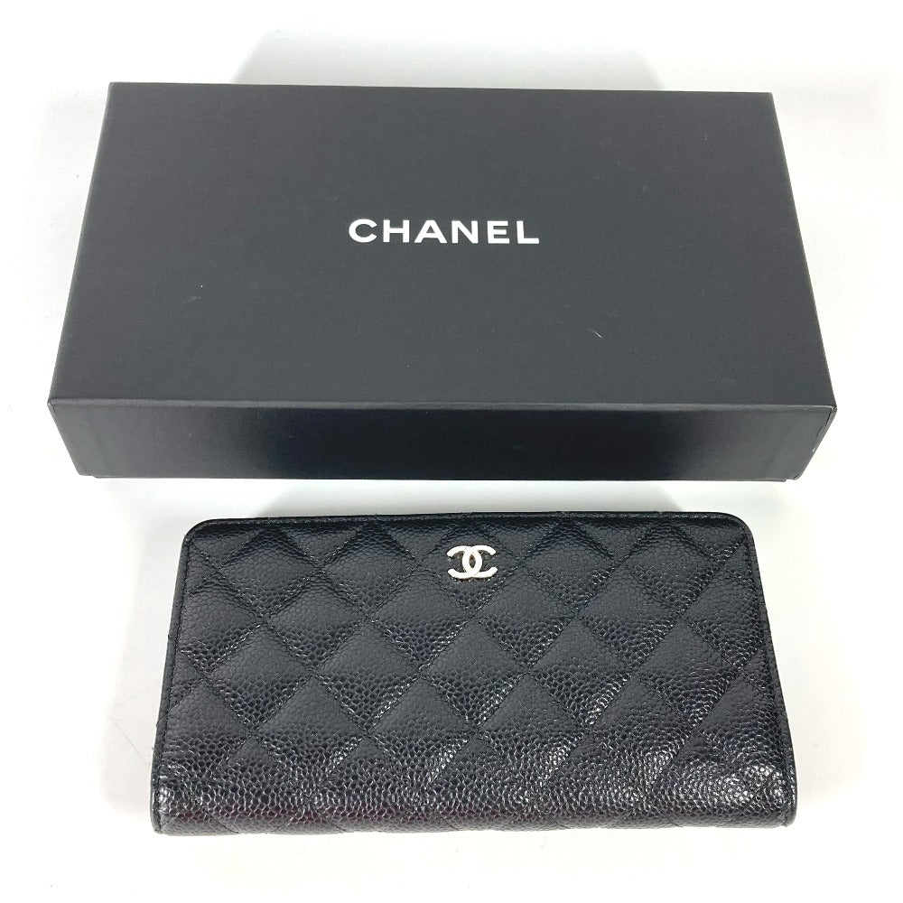 CHANEL Long Wallet Purse Caviar skin black Long wallet CC COCO Mark Matelasse Quilting Women Used Authentic