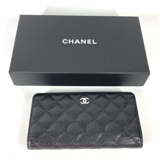 CHANEL Long Wallet Purse Caviar skin black Long wallet CC COCO Mark Matelasse Quilting Women Used Authentic