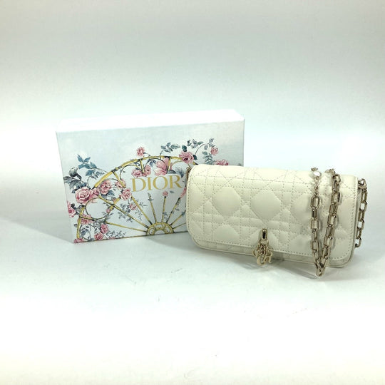 Dior Shoulder Bag S0977ONMJ lambskin white Crossbody Chain Bag Lady Dior Phone Pouch Women Used Authentic