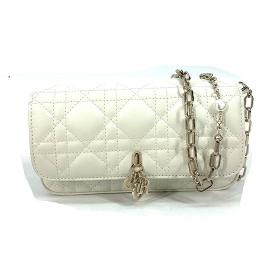 Dior Shoulder Bag S0977ONMJ lambskin white Crossbody Chain Bag Lady Dior Phone Pouch Women Used Authentic