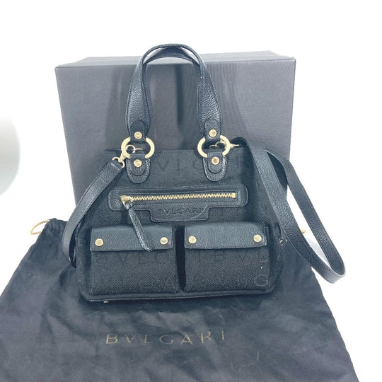 BVLGARI Handbag Leather / canvas black Bag Shoulder Bag Tote Bag Logo mania Women Used Authentic