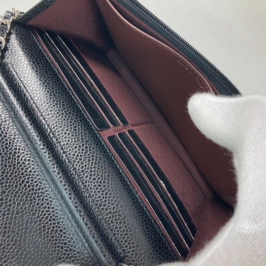 CHANEL Long Wallet Purse AP0250 Caviar skin black Quilting CC Matelasse COCO Mark Classic Chain Wallet Women Used Authentic