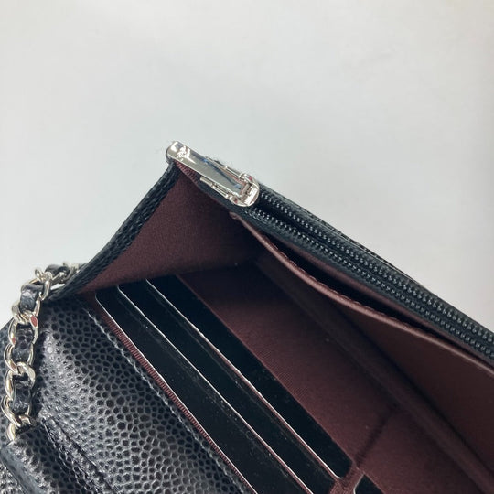 CHANEL Long Wallet Purse AP0250 Caviar skin black Quilting CC Matelasse COCO Mark Classic Chain Wallet Women Used Authentic