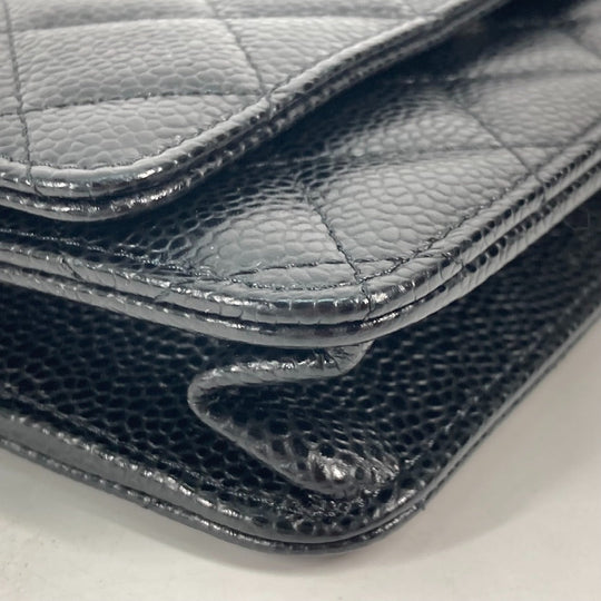 CHANEL Long Wallet Purse AP0250 Caviar skin black Quilting CC Matelasse COCO Mark Classic Chain Wallet Women Used Authentic