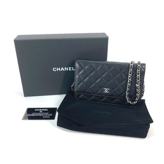 CHANEL Long Wallet Purse AP0250 Caviar skin black Quilting CC Matelasse COCO Mark Classic Chain Wallet Women Used Authentic