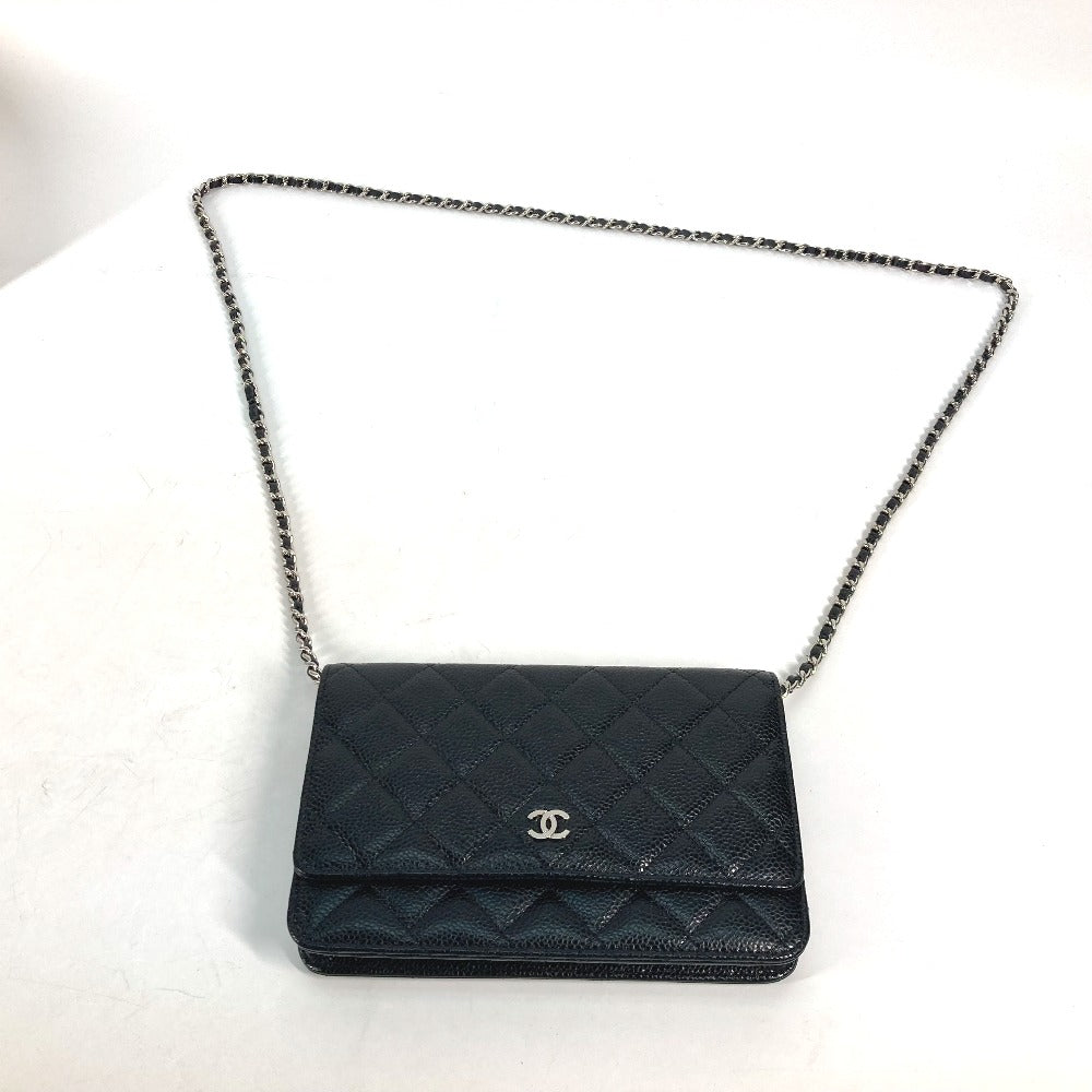 CHANEL Long Wallet Purse AP0250 Caviar skin black Quilting CC Matelasse COCO Mark Classic Chain Wallet Women Used Authentic