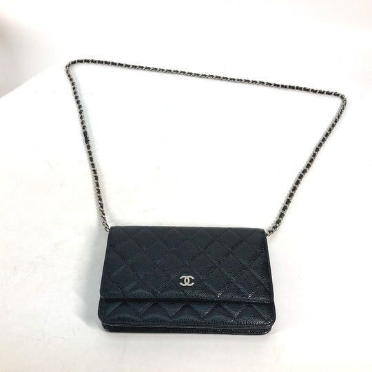CHANEL Long Wallet Purse AP0250 Caviar skin black Quilting CC Matelasse COCO Mark Classic Chain Wallet Women Used Authentic