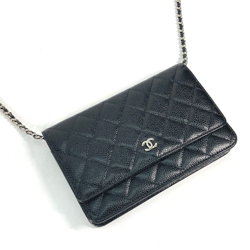 CHANEL Long Wallet Purse AP0250 Caviar skin black Quilting CC Matelasse COCO Mark Classic Chain Wallet Women Used Authentic
