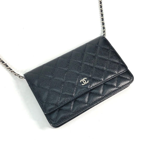 CHANEL Long Wallet Purse AP0250 Caviar skin black Quilting CC Matelasse COCO Mark Classic Chain Wallet Women Used Authentic