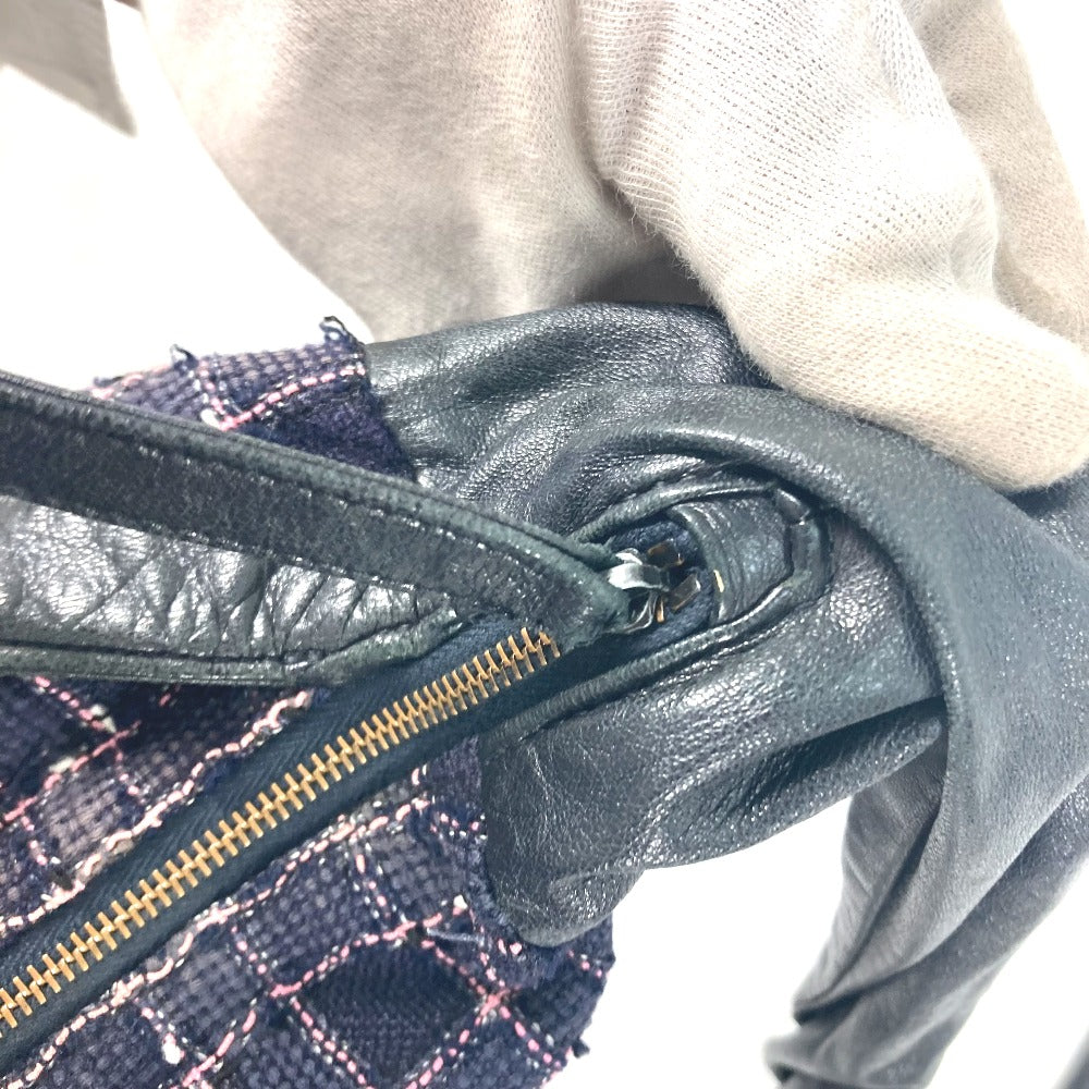 CHANEL Shoulder Bag Tweed, Leather Navy Button CC COCO Mark Girl chanel Women Used Authentic