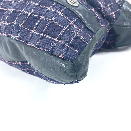 CHANEL Shoulder Bag Tweed, Leather Navy Button CC COCO Mark Girl chanel Women Used Authentic