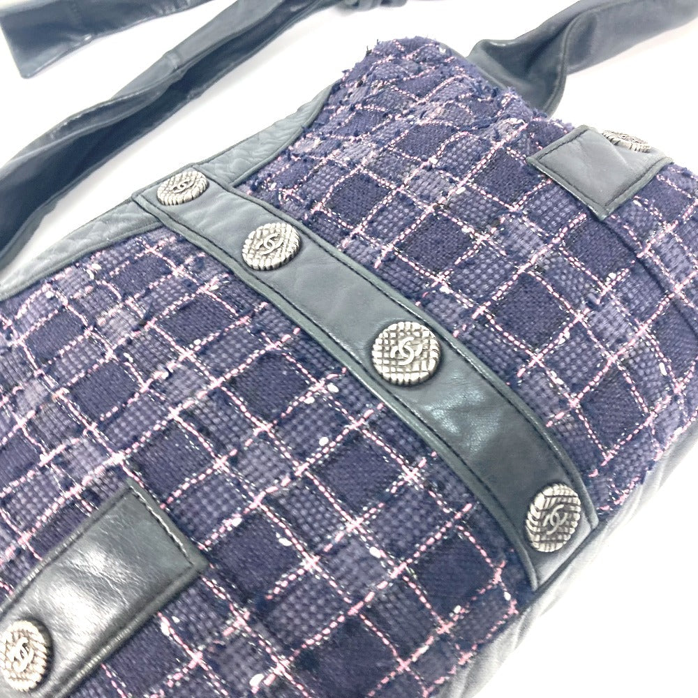 CHANEL Shoulder Bag Tweed, Leather Navy Button CC COCO Mark Girl chanel Women Used Authentic