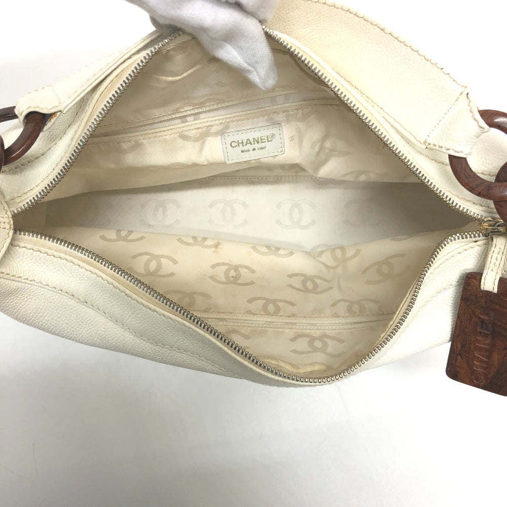 CHANEL Shoulder Bag Caviar skin white Wood tone CC COCO Mark Women Used Authentic