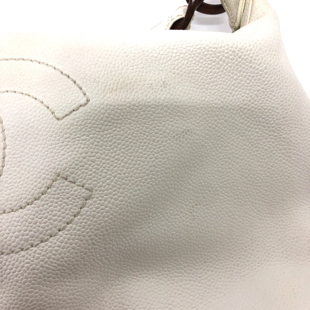 CHANEL Shoulder Bag Caviar skin white Wood tone CC COCO Mark Women Used Authentic